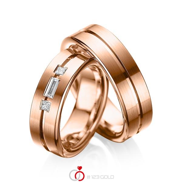 Paar klassische Trauringe/Eheringe in Rotgold 585 mit zus. 0,22 ct. Baguette-Diamant & Prinzess-Diamant tw, vs von acredo - A-1011-1 Paar klassische Trauringe/Eheringe in Rotgold 585 mit zus. 0,22 ct. Baguette-Diamant & Prinzess-Diamant tw, vs von acredo - A-1011-1