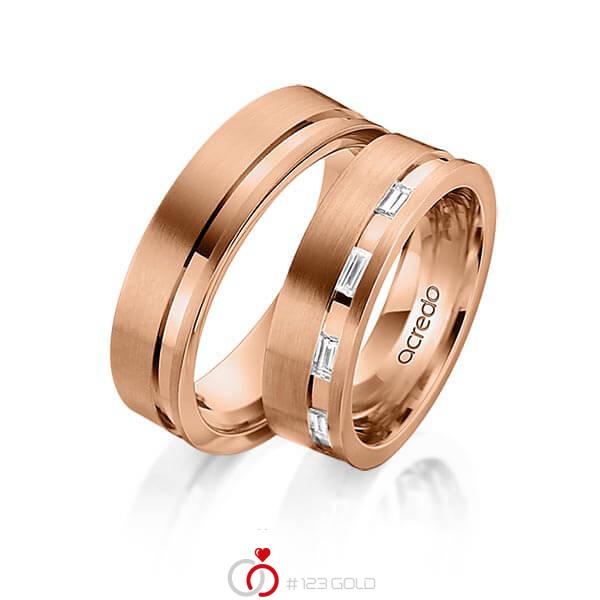 Paar klassische Trauringe/Eheringe in Rotgold 585 mit zus. 0,25 ct. Baguette-Diamant tw, vs von acredo - A-1535-2 Paar klassische Trauringe/Eheringe in Rotgold 585 mit zus. 0,25 ct. Baguette-Diamant tw, vs von acredo - A-1535-2