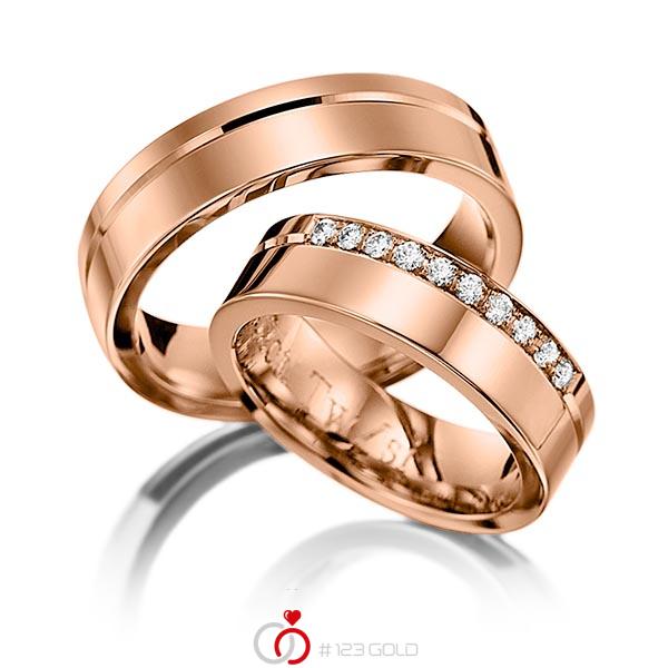 Paar klassische Trauringe/Eheringe in Rotgold 585 mit zus. 0,2 ct. Brillant tw, si von Steinberg - Q-1252-7 Paar klassische Trauringe/Eheringe in Rotgold 585 mit zus. 0,2 ct. Brillant tw, si von Steinberg - Q-1252-7