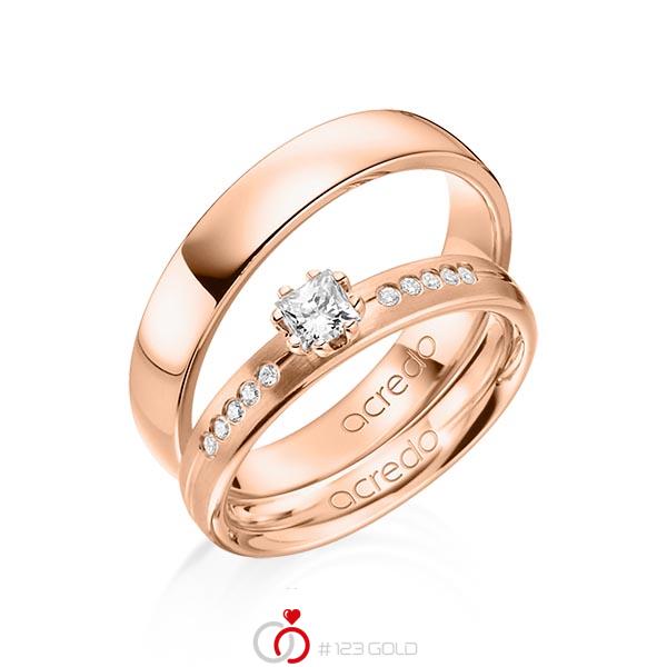 Paar klassische Trauringe/Eheringe in Rotgold 585 mit zus. 0,33 ct. Prinzess-Diamant & Brillant tw, si von acredo - A-1367-4 Paar klassische Trauringe/Eheringe in Rotgold 585 mit zus. 0,33 ct. Prinzess-Diamant & Brillant tw, si von acredo - A-1367-4