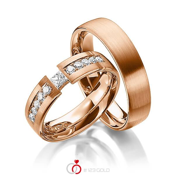 Paar klassische Trauringe/Eheringe in Rotgold 585 mit zus. 0,3 ct. Prinzess-Diamant & Brillant tw, si von Steinberg - Q-1191-4 Paar klassische Trauringe/Eheringe in Rotgold 585 mit zus. 0,3 ct. Prinzess-Diamant & Brillant tw, si von Steinberg - Q-1191-4