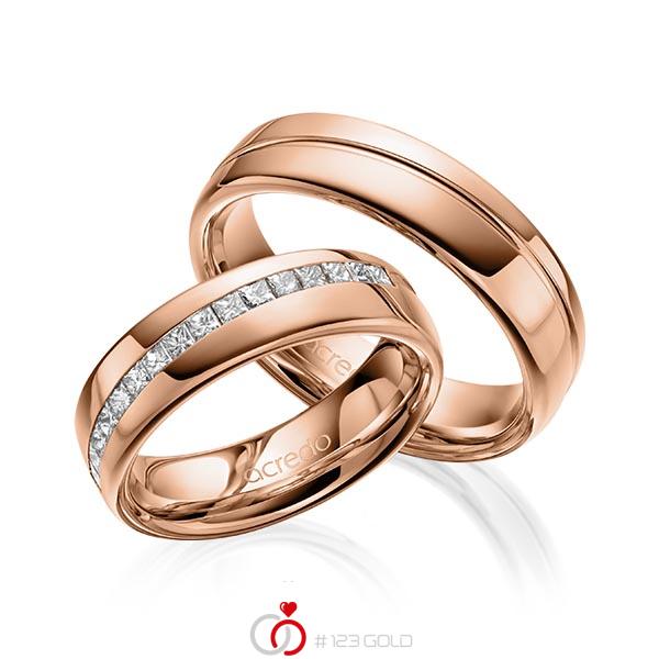 Paar klassische Trauringe/Eheringe in Rotgold 585 mit zus. 0,48 ct. Prinzess-Diamant tw, vs von acredo - A-1627-7 Paar klassische Trauringe/Eheringe in Rotgold 585 mit zus. 0,48 ct. Prinzess-Diamant tw, vs von acredo - A-1627-7