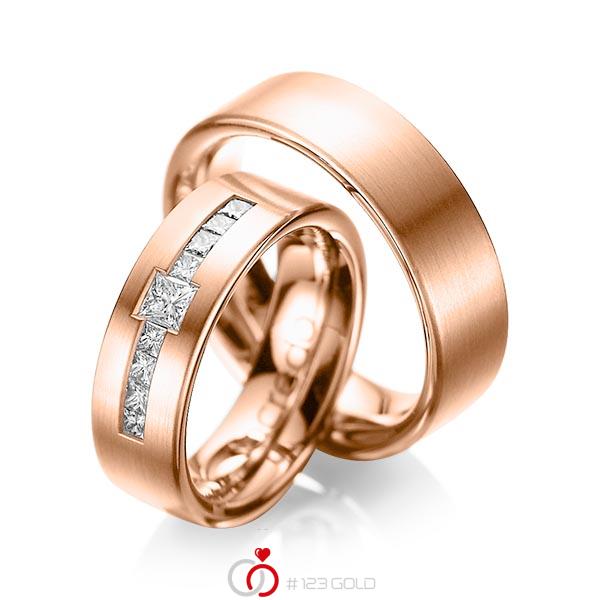 Paar klassische Trauringe/Eheringe in Rotgold 585 mit zus. 0,52 ct. Prinzess-Diamant tw, si von acredo - A-1050-6 Paar klassische Trauringe/Eheringe in Rotgold 585 mit zus. 0,52 ct. Prinzess-Diamant tw, si von acredo - A-1050-6
