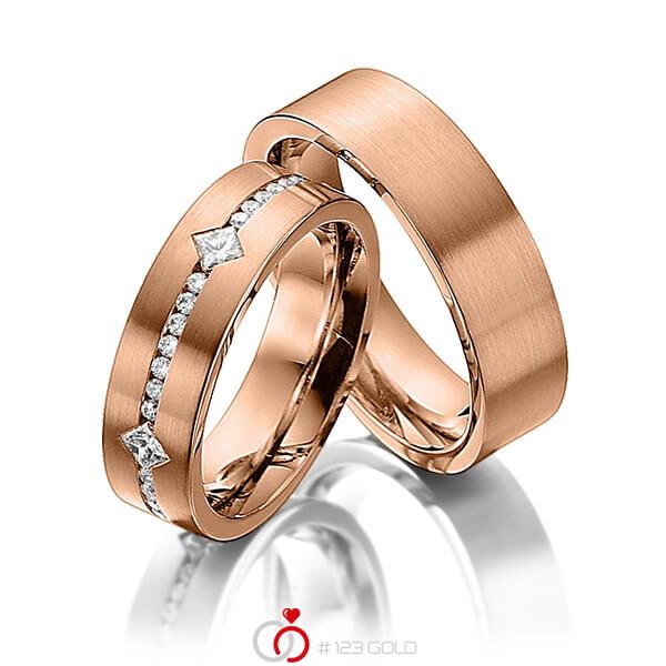 Paar klassische Trauringe/Eheringe in Rotgold 585 mit zus. 0,95 ct. Brillant & Prinzess-Diamant tw, si von Steinberg - Q-1224-6 Paar klassische Trauringe/Eheringe in Rotgold 585 mit zus. 0,95 ct. Brillant & Prinzess-Diamant tw, si von Steinberg - Q-1224-6