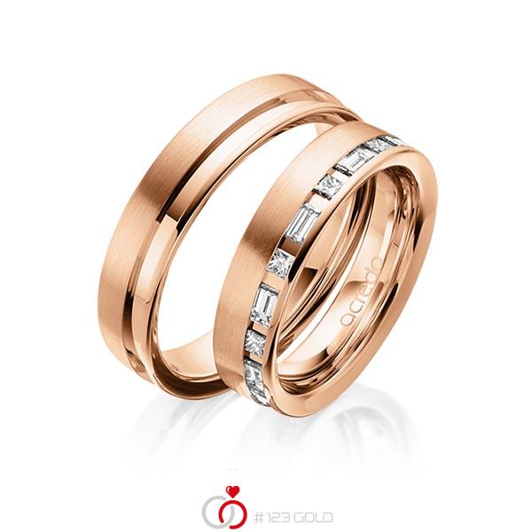 Paar klassische Trauringe/Eheringe in Rotgold 585 mit zus. 0,9 ct. Prinzess-Diamant & Baguette-Diamant tw, si tw, vs von acredo - A-1628-7 Paar klassische Trauringe/Eheringe in Rotgold 585 mit zus. 0,9 ct. Prinzess-Diamant & Baguette-Diamant tw, si tw, vs von acredo - A-1628-7