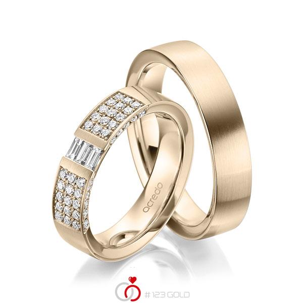 Paar klassische Trauringe/Eheringe in Signature Gold 585 mit zus. 0,61 ct. Brillant & Baguette-Diamant tw, si tw, vs von acredo - A-1969-11 Paar klassische Trauringe/Eheringe in Signature Gold 585 mit zus. 0,61 ct. Brillant & Baguette-Diamant tw, si tw, vs von acredo - A-1969-11