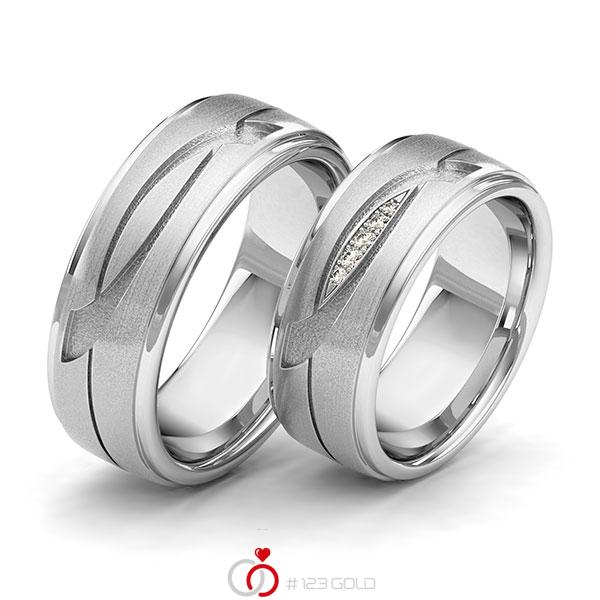 Paar klassische Trauringe/Eheringe in Weissgold 585 Laser Struktur mit zus. 0,04 ct. Brillant tw, si von 123gold - Y-1402-4 Paar klassische Trauringe/Eheringe in Weissgold 585 Laser Struktur mit zus. 0,04 ct. Brillant tw, si von 123gold - Y-1402-4