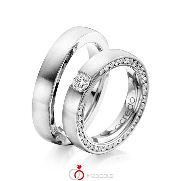 Paar klassische Trauringe/Eheringe in Weißgold 585 mit 0,3 ct. + zus. 1,08 ct. Brillant tw, si von acredo - A-1107-1 Paar klassische Trauringe/Eheringe in Weißgold 585 mit 0,3 ct. + zus. 1,08 ct. Brillant tw, si von acredo - A-1107-1