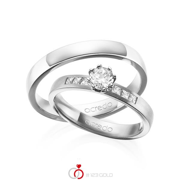 Paar klassische Trauringe/Eheringe in Weissgold 585 mit 0,4 ct. + zus. 0,18 ct. Brillant & Prinzess-Diamant tw, vs tw, si von acredo - A-1379-4 Paar klassische Trauringe/Eheringe in Weissgold 585 mit 0,4 ct. + zus. 0,18 ct. Brillant & Prinzess-Diamant tw, vs tw, si von acredo - A-1379-4