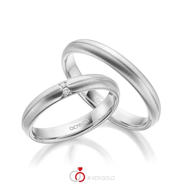 Paar klassische Trauringe/Eheringe in Weissgold 585 mit zus. 0,03 ct. Brillant tw, si von acredo - A-1956-4 Paar klassische Trauringe/Eheringe in Weissgold 585 mit zus. 0,03 ct. Brillant tw, si von acredo - A-1956-4