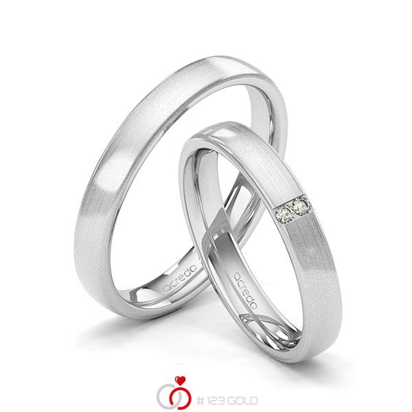 Paar klassische Trauringe/Eheringe in Weissgold 585 mit zus. 0,03 ct. Brillant tw, si von acredo - A-1966-4 Paar klassische Trauringe/Eheringe in Weissgold 585 mit zus. 0,03 ct. Brillant tw, si von acredo - A-1966-4