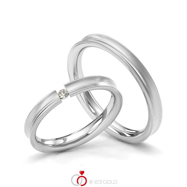Paar klassische Trauringe/Eheringe in Weißgold 585 mit zus. 0,03 ct. Brillant tw, si von Merii - M-1218-5 Paar klassische Trauringe/Eheringe in Weißgold 585 mit zus. 0,03 ct. Brillant tw, si von Merii - M-1218-5