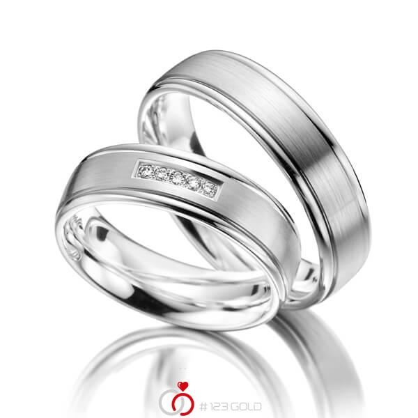 Paar klassische Trauringe/Eheringe in Weissgold 585 mit zus. 0,05 ct. Brillant tw, si - NP-1130-1 Paar klassische Trauringe/Eheringe in Weissgold 585 mit zus. 0,05 ct. Brillant tw, si - NP-1130-1