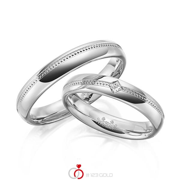 Paar klassische Trauringe/Eheringe in Weißgold 585 mit zus. 0,06 ct. Prinzess-Diamant tw, si von Steinberg - Q-1655-4 Paar klassische Trauringe/Eheringe in Weißgold 585 mit zus. 0,06 ct. Prinzess-Diamant tw, si von Steinberg - Q-1655-4