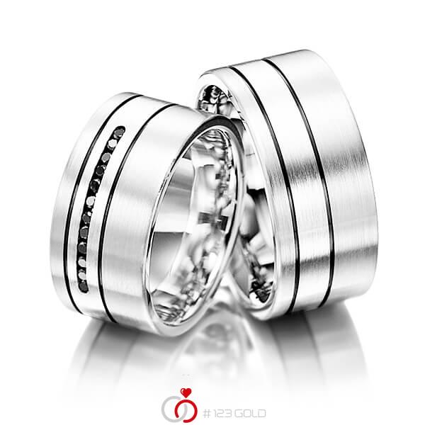 Paar klassische Trauringe/Eheringe in Weißgold 585 mit zus. 0,12 ct. Brillant schwarz von Merii - M-1066-2 Paar klassische Trauringe/Eheringe in Weißgold 585 mit zus. 0,12 ct. Brillant schwarz von Merii - M-1066-2
