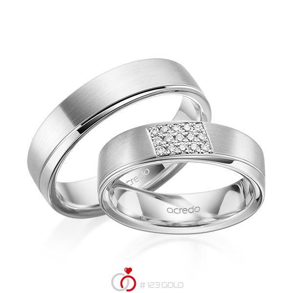 Paar klassische Trauringe/Eheringe in Weissgold 585 mit zus. 0,12 ct. Brillant tw, si von acredo - A-1978-4 Paar klassische Trauringe/Eheringe in Weissgold 585 mit zus. 0,12 ct. Brillant tw, si von acredo - A-1978-4