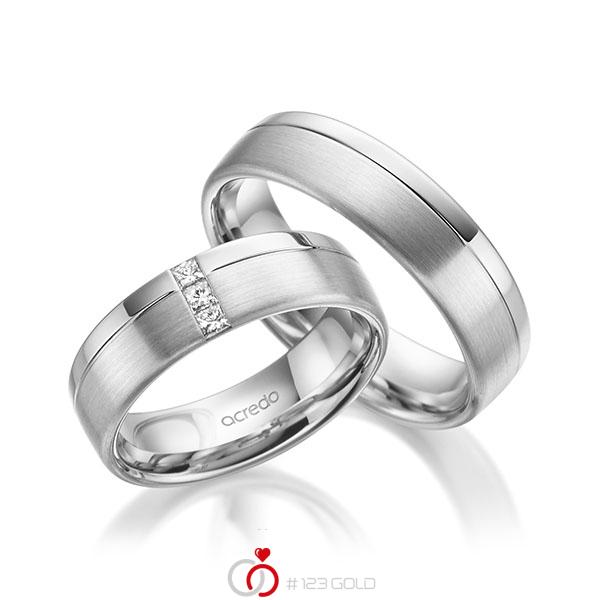 Paar klassische Trauringe/Eheringe in Weissgold 585 mit zus. 0,12 ct. Prinzess-Diamant tw, si von acredo - A-1963-4 Paar klassische Trauringe/Eheringe in Weissgold 585 mit zus. 0,12 ct. Prinzess-Diamant tw, si von acredo - A-1963-4