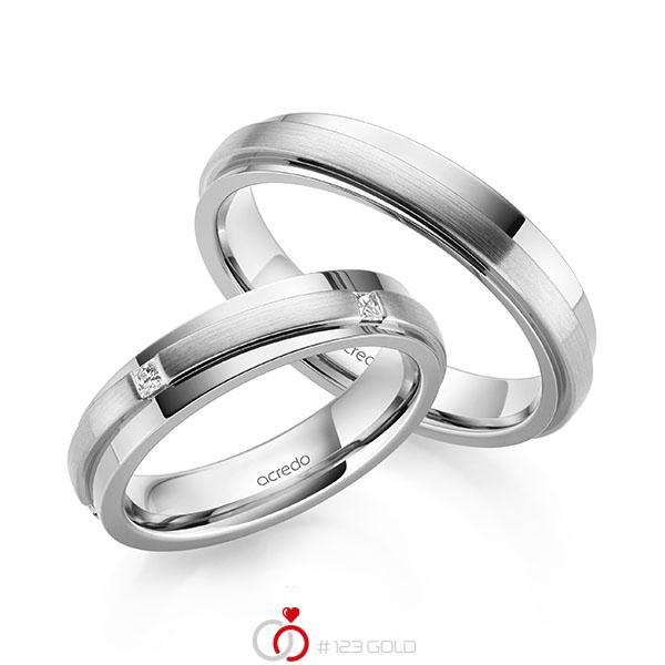 Paar klassische Trauringe/Eheringe in Weißgold 585 mit zus. 0,15 ct. Prinzess-Diamant tw, si von acredo - A-2164-4 Paar klassische Trauringe/Eheringe in Weißgold 585 mit zus. 0,15 ct. Prinzess-Diamant tw, si von acredo - A-2164-4