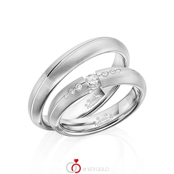Paar klassische Trauringe/Eheringe in Weißgold 585 mit zus. 0,16 ct. Brillant tw, si von Steinberg - Q-1609-4 Paar klassische Trauringe/Eheringe in Weißgold 585 mit zus. 0,16 ct. Brillant tw, si von Steinberg - Q-1609-4