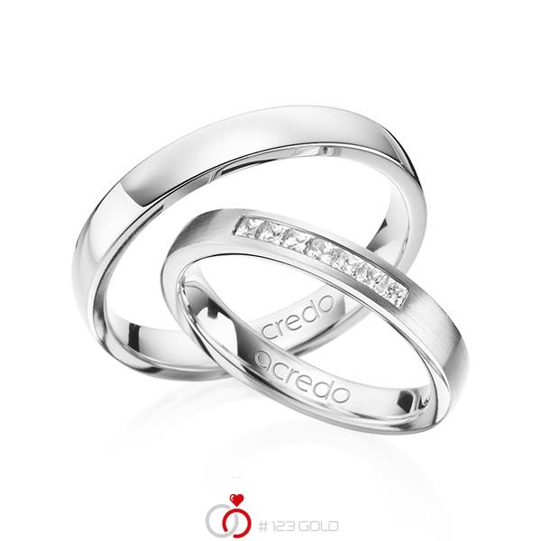 Paar klassische Trauringe/Eheringe in Weissgold 585 mit zus. 0,21 ct. Prinzess-Diamant tw, si von acredo - A-1374-1 Paar klassische Trauringe/Eheringe in Weissgold 585 mit zus. 0,21 ct. Prinzess-Diamant tw, si von acredo - A-1374-1