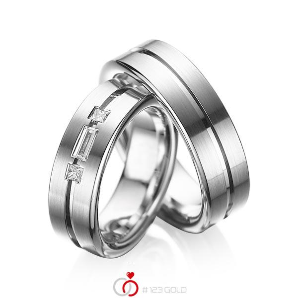 Paar klassische Trauringe/Eheringe in Weißgold 585 mit zus. 0,22 ct. Baguette-Diamant & Prinzess-Diamant tw, vs von acredo - A-1011-6 Paar klassische Trauringe/Eheringe in Weißgold 585 mit zus. 0,22 ct. Baguette-Diamant & Prinzess-Diamant tw, vs von acredo - A-1011-6
