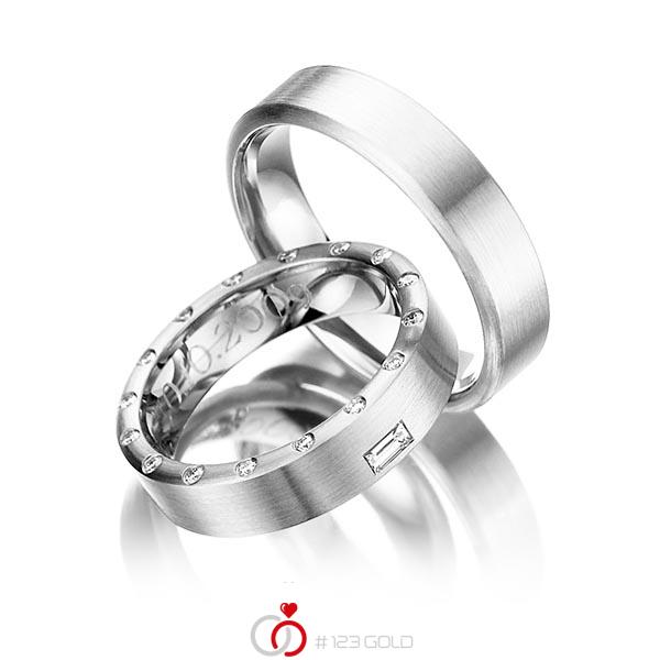 Paar klassische Trauringe/Eheringe in Weissgold 585 mit zus. 0,26 ct. Brillant & Baguette-Diamant tw, si tw, vs von 123gold - Y-1113-1 Paar klassische Trauringe/Eheringe in Weissgold 585 mit zus. 0,26 ct. Brillant & Baguette-Diamant tw, si tw, vs von 123gold - Y-1113-1