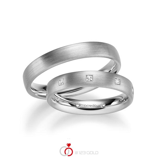 Paar klassische Trauringe/Eheringe in Weissgold 585 mit zus. 0,27 ct. Prinzess-Diamant tw, si von acredo - A-1004-11 Paar klassische Trauringe/Eheringe in Weissgold 585 mit zus. 0,27 ct. Prinzess-Diamant tw, si von acredo - A-1004-11