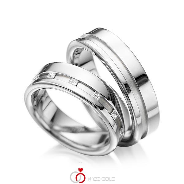 Paar klassische Trauringe/Eheringe in Weissgold 585 mit zus. 0,36 ct. Prinzess-Diamant tw, si von acredo - A-1024-1 Paar klassische Trauringe/Eheringe in Weissgold 585 mit zus. 0,36 ct. Prinzess-Diamant tw, si von acredo - A-1024-1