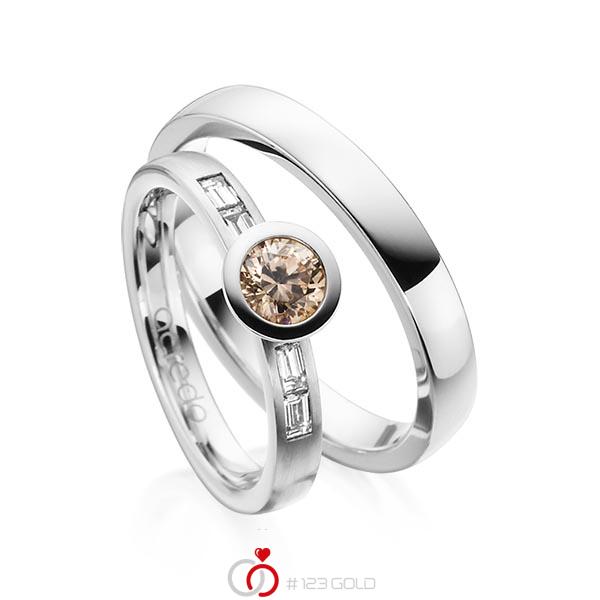 Paar klassische Trauringe/Eheringe in Weissgold 585 mit zus. 0,39 ct. Brillant & Baguette-Diamant cognac tw, vs von acredo - A-1378-1 Paar klassische Trauringe/Eheringe in Weissgold 585 mit zus. 0,39 ct. Brillant & Baguette-Diamant cognac tw, vs von acredo - A-1378-1