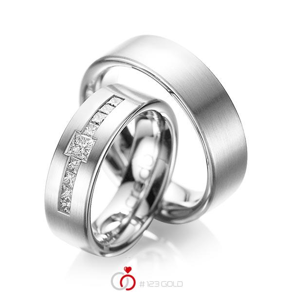 Paar klassische Trauringe/Eheringe in Weißgold 585 mit zus. 0,52 ct. Prinzess-Diamant tw, si von acredo - A-1050-1 Paar klassische Trauringe/Eheringe in Weißgold 585 mit zus. 0,52 ct. Prinzess-Diamant tw, si von acredo - A-1050-1