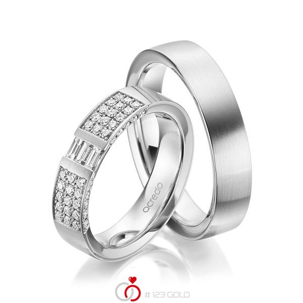 Paar klassische Trauringe/Eheringe in Weissgold 585 mit zus. 0,61 ct. Brillant & Baguette-Diamant tw, si tw, vs von acredo - A-1969-1 Paar klassische Trauringe/Eheringe in Weissgold 585 mit zus. 0,61 ct. Brillant & Baguette-Diamant tw, si tw, vs von acredo - A-1969-1