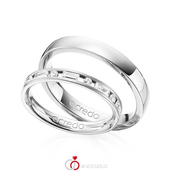 Paar klassische Trauringe/Eheringe in Weissgold 585 mit zus. 0,765 ct. Brillant & Baguette-Diamant tw, si tw, vs von acredo - A-1377-1 Paar klassische Trauringe/Eheringe in Weissgold 585 mit zus. 0,765 ct. Brillant & Baguette-Diamant tw, si tw, vs von acredo - A-1377-1
