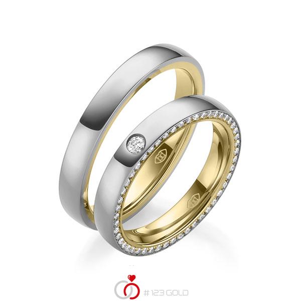 Set Bicolor Memoire-trouwringen in buiten grijsgoud 14 kt. , binnen geelgoud 14 kt. volledig gezet met in totaal 0,31 ct. Briljant tw/si - UQ-1008-3 Set Bicolor Memoire-trouwringen in buiten grijsgoud 14 kt. , binnen geelgoud 14 kt. volledig gezet met in totaal 0,31 ct. Briljant tw/si - UQ-1008-3