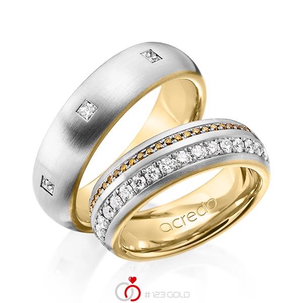 Set Bicolor Memoire-trouwringen in buiten grijsgoud 14 kt. , binnen geelgoud 14 kt. volledig gezet met in totaal 1,59 ct. Briljant & Princess-Diamant Cognac r,if van acredo - A-1254-2 Set Bicolor Memoire-trouwringen in buiten grijsgoud 14 kt. , binnen geelgoud 14 kt. volledig gezet met in totaal 1,59 ct. Briljant & Princess-Diamant Cognac r,if van acredo - A-1254-2