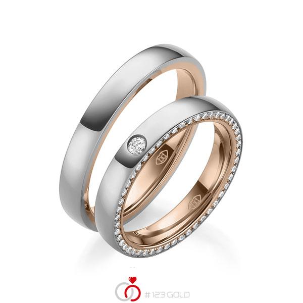 Set Bicolor Memoire-trouwringen in buiten grijsgoud 14 kt. , binnen roodgoud 14 kt. volledig gezet met in totaal 0,31 ct. Briljant tw/si - UQ-1008-1 Set Bicolor Memoire-trouwringen in buiten grijsgoud 14 kt. , binnen roodgoud 14 kt. volledig gezet met in totaal 0,31 ct. Briljant tw/si - UQ-1008-1