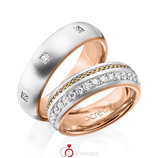 Set Bicolor Memoire-trouwringen in buiten platina 950 , binnen roodgoud 18 kt. volledig gezet met in totaal 1,59 ct. Briljant & Princess-Diamant Cognac r,if van acredo - A-1254-8 Set Bicolor Memoire-trouwringen in buiten platina 950 , binnen roodgoud 18 kt. volledig gezet met in totaal 1,59 ct. Briljant & Princess-Diamant Cognac r,if van acredo - A-1254-8
