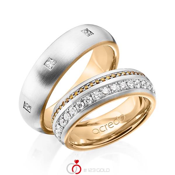Set Bicolor Memoire-trouwringen in buiten platina 950 , binnen roségoud 18 kt. volledig gezet met in totaal 1,59 ct. Briljant & Princess-Diamant Cognac r,if van acredo - A-1254-10 Set Bicolor Memoire-trouwringen in buiten platina 950 , binnen roségoud 18 kt. volledig gezet met in totaal 1,59 ct. Briljant & Princess-Diamant Cognac r,if van acredo - A-1254-10