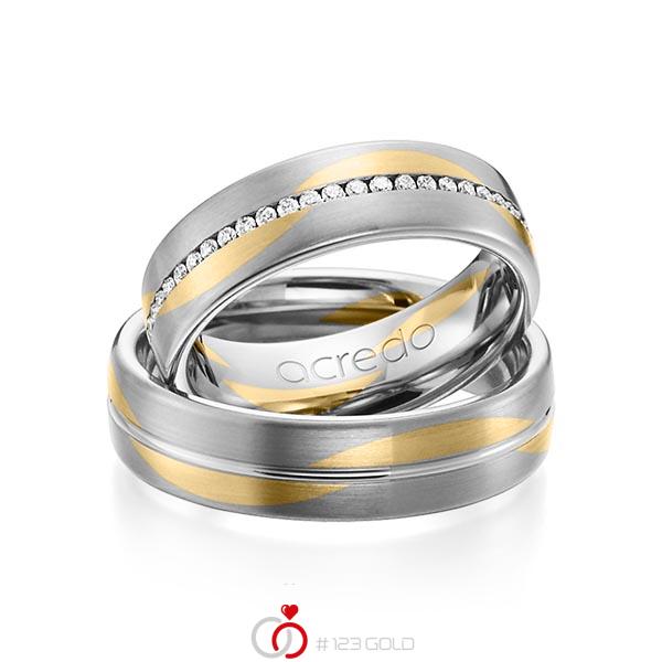 Set Bicolor Memoire-trouwringen in grijsgoud 14 kt. geelgoud 14 kt. volledig gezet met in totaal 0,408 ct. Briljant tw/si van acredo - A-1161-6 Set Bicolor Memoire-trouwringen in grijsgoud 14 kt. geelgoud 14 kt. volledig gezet met in totaal 0,408 ct. Briljant tw/si van acredo - A-1161-6