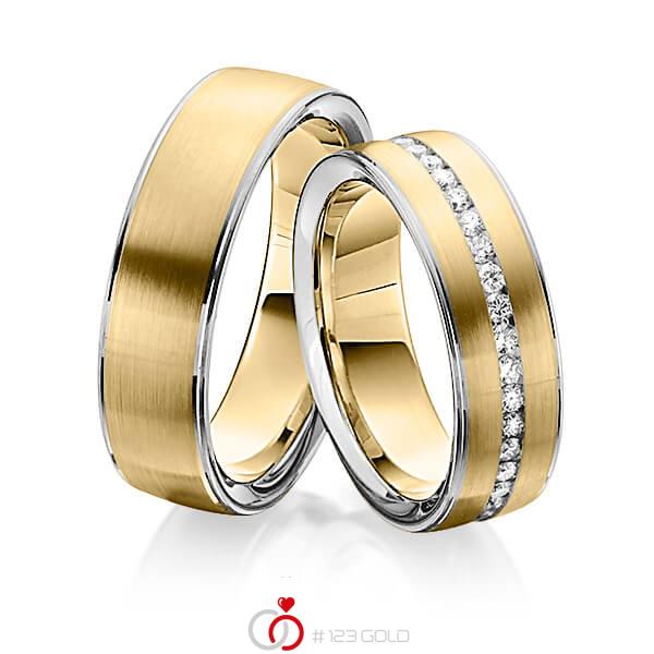 Set Bicolor Memoire-trouwringen in grijsgoud 14 kt. geelgoud 14 kt. volledig gezet met in totaal 0,74 ct. Briljant tw/si van Steinberg - Q-1342-9 Set Bicolor Memoire-trouwringen in grijsgoud 14 kt. geelgoud 14 kt. volledig gezet met in totaal 0,74 ct. Briljant tw/si van Steinberg - Q-1342-9