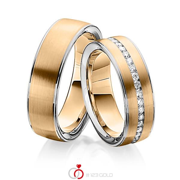 Set Bicolor Memoire-trouwringen in grijsgoud 14 kt. roségoud 14 kt. volledig gezet met in totaal 0,74 ct. Briljant tw/si van Steinberg - Q-1342-10 Set Bicolor Memoire-trouwringen in grijsgoud 14 kt. roségoud 14 kt. volledig gezet met in totaal 0,74 ct. Briljant tw/si van Steinberg - Q-1342-10