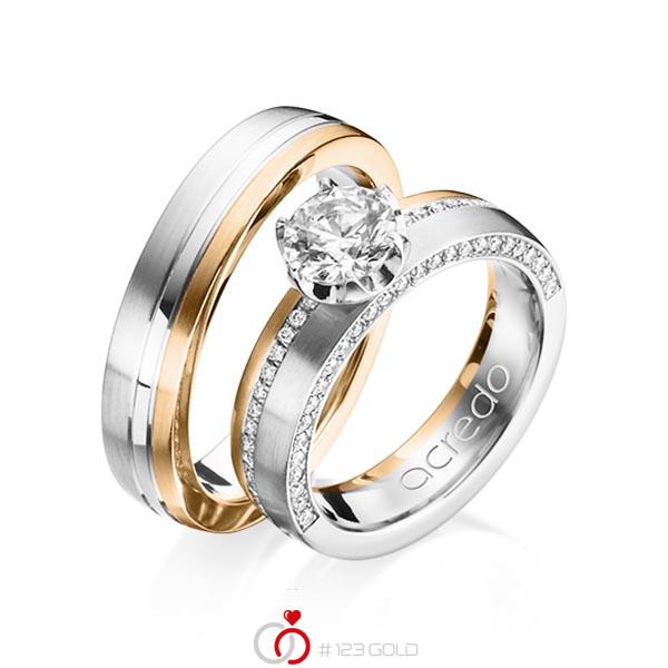 Set Bicolor Memoire-trouwringen in palladium 950 roségoud 18 kt. half gezet met 0,7 ct. + in totaal 0,275 ct. Briljanten & Briljant tw/si tw,vs van acredo - A-1202-2 Set Bicolor Memoire-trouwringen in palladium 950 roségoud 18 kt. half gezet met 0,7 ct. + in totaal 0,275 ct. Briljanten & Briljant tw/si tw,vs van acredo - A-1202-2