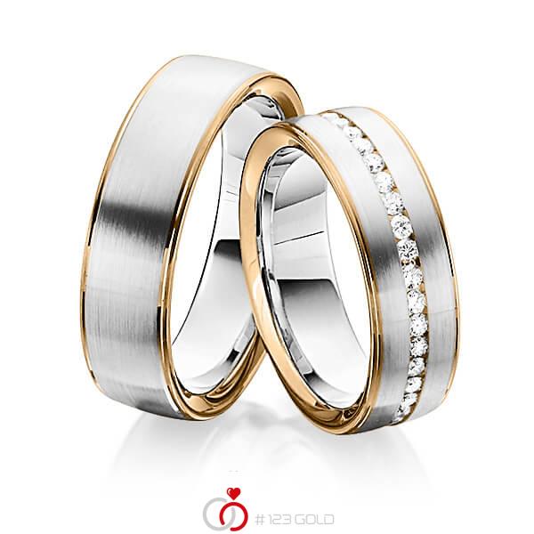 Set Bicolor Memoire-trouwringen in roségoud 14 kt. witgoud 14 kt. volledig gezet met in totaal 0,74 ct. Briljant tw/si van Steinberg - Q-1342-13 Set Bicolor Memoire-trouwringen in roségoud 14 kt. witgoud 14 kt. volledig gezet met in totaal 0,74 ct. Briljant tw/si van Steinberg - Q-1342-13