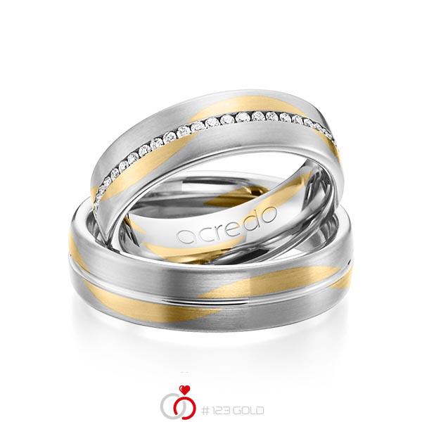 Set Bicolor Memoire-trouwringen in witgoud 14 kt. geelgoud 14 kt. volledig gezet met in totaal 0,408 ct. Briljant tw/si van acredo - A-1161-2 Set Bicolor Memoire-trouwringen in witgoud 14 kt. geelgoud 14 kt. volledig gezet met in totaal 0,408 ct. Briljant tw/si van acredo - A-1161-2