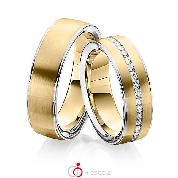 Set Bicolor Memoire-trouwringen in witgoud 14 kt. geelgoud 14 kt. volledig gezet met in totaal 0,74 ct. Briljant tw/si van Steinberg - Q-1342-1 Set Bicolor Memoire-trouwringen in witgoud 14 kt. geelgoud 14 kt. volledig gezet met in totaal 0,74 ct. Briljant tw/si van Steinberg - Q-1342-1