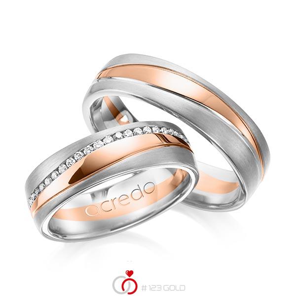 Set Bicolor Memoire-trouwringen in witgoud 14 kt. roodgoud 14 kt. volledig gezet met in totaal 0,4 ct. Briljant tw/si van acredo - A-1153-1 Set Bicolor Memoire-trouwringen in witgoud 14 kt. roodgoud 14 kt. volledig gezet met in totaal 0,4 ct. Briljant tw/si van acredo - A-1153-1