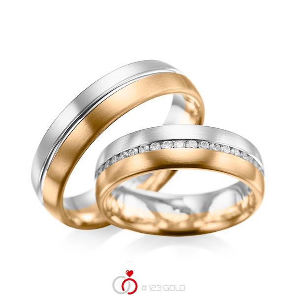 Set Bicolor Memoire-trouwringen in witgoud 14 kt. roségoud 14 kt. volledig gezet met in totaal 0,615 ct. Briljant tw/si van acredo - A-1031-7 Set Bicolor Memoire-trouwringen in witgoud 14 kt. roségoud 14 kt. volledig gezet met in totaal 0,615 ct. Briljant tw/si van acredo - A-1031-7