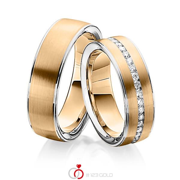 Set Bicolor Memoire-trouwringen in witgoud 14 kt. roségoud 14 kt. volledig gezet met in totaal 0,74 ct. Briljant tw/si van Steinberg - Q-1342-4 Set Bicolor Memoire-trouwringen in witgoud 14 kt. roségoud 14 kt. volledig gezet met in totaal 0,74 ct. Briljant tw/si van Steinberg - Q-1342-4