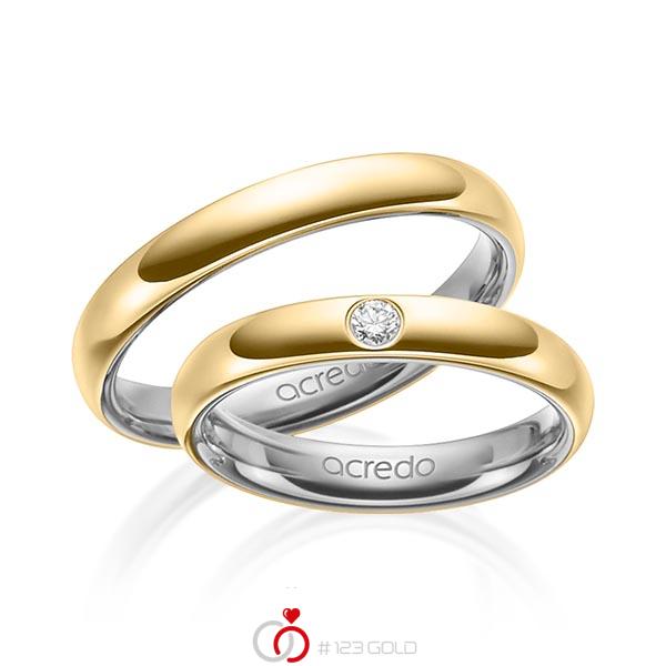 Set Bicolor trouwringen in buiten geelgoud 14 kt. , binnen grijsgoud 14 kt. met in totaal 0,06 ct. Briljant tw/si van acredo - A-1465-11 Set Bicolor trouwringen in buiten geelgoud 14 kt. , binnen grijsgoud 14 kt. met in totaal 0,06 ct. Briljant tw/si van acredo - A-1465-11
