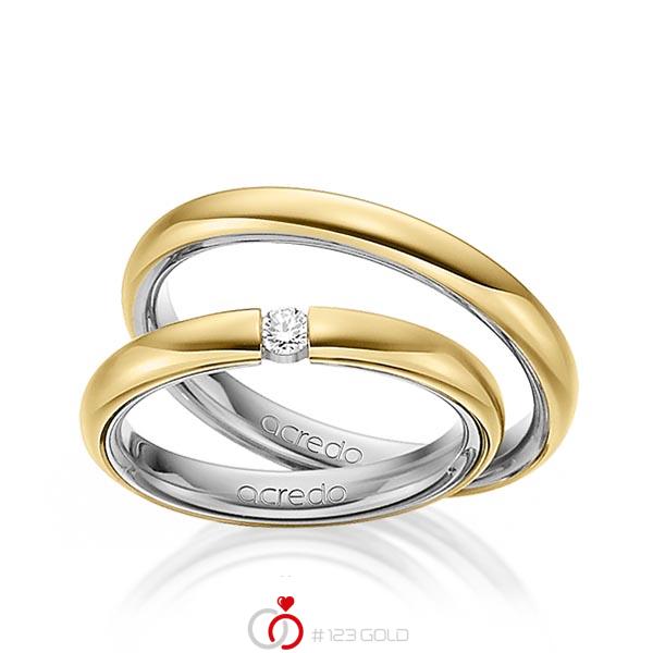 Set Bicolor trouwringen in buiten geelgoud 14 kt. , binnen grijsgoud 14 kt. met in totaal 0,08 ct. Briljant tw/si van acredo - A-1464-12 Set Bicolor trouwringen in buiten geelgoud 14 kt. , binnen grijsgoud 14 kt. met in totaal 0,08 ct. Briljant tw/si van acredo - A-1464-12