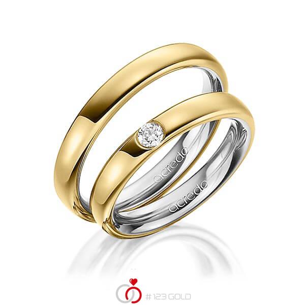 Set Bicolor trouwringen in buiten geelgoud 14 kt. , binnen grijsgoud 14 kt. met in totaal 0,12 ct. Briljant tw/si van acredo - A-1466-3 Set Bicolor trouwringen in buiten geelgoud 14 kt. , binnen grijsgoud 14 kt. met in totaal 0,12 ct. Briljant tw/si van acredo - A-1466-3